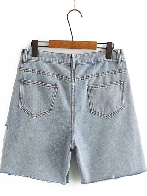 Plus Size Women Clothing Denim Shorts Ripped Hole Design Pockets On Both Sides Summer Sand Washed Jeans Large Size Casual Shorts