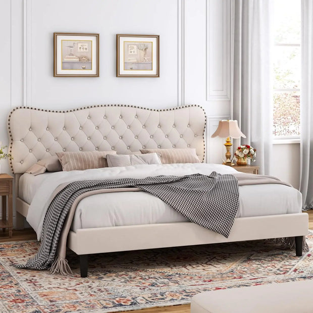 King Size Bed Frame, Linen Fabric Upholstered Platform with Adjustable Headboard, Diamond Tufted Mattress Foundation