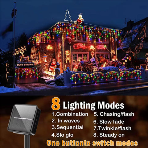 Solar Curtain Icicle Lights Christmas Lights Outdoor Waterproof Eaves Decor String Lights for Yard Party Holiday Decorations