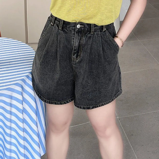 Women's Loose High Waist A-Line Wide Leg Soft Denim Shorts, Black Jeans, Good Quality, Spring, Summer, Plus Size, 2024