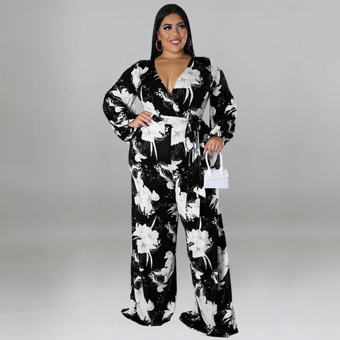 Plus Size Floral Print Jumpsuit Female Casual Loose Elegant Clothing Women One Piece Outfit 2023 Autumn Fashion Wide Leg Pants