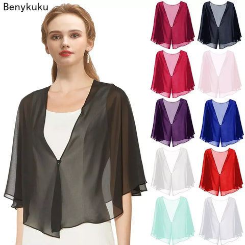 Women Black Chiffon Bolero Thin Shawl Prom Party V-neck Shrug Cardigan