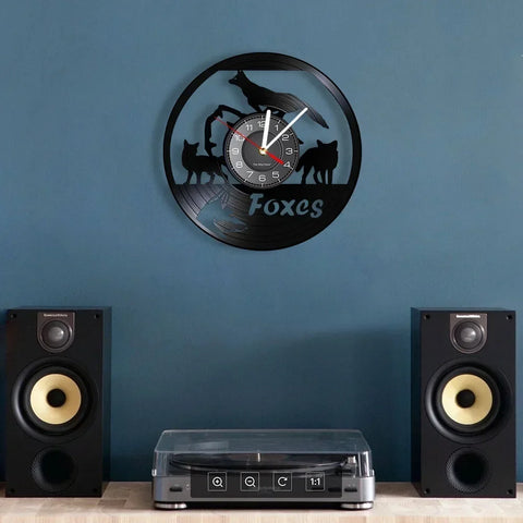 Foxes Family Vinyl Record Clock Woodland Nursery Baby Kid Room Woodland Animals Wall Art