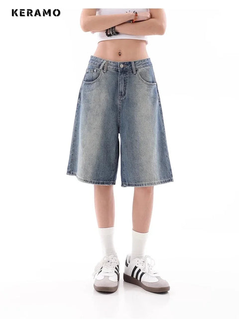 Women's Wide Leg Gradient Blue Retro Denim Shorts Unisex Style Capris Summer Female High Waist Loose Short Jeans