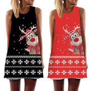 Christmas Elk Theme Print 3d Women's Dress Snowflake Sleeveless Dresses