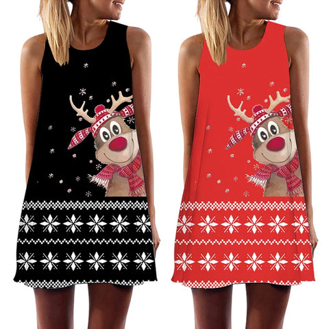 Christmas Elk Theme Print 3d Women's Dress Snowflake Sleeveless Dresses