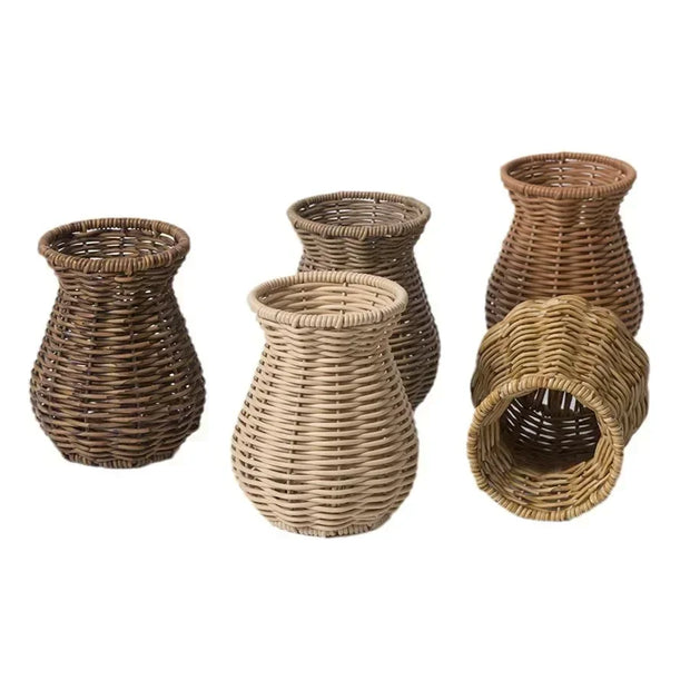 Indoor Desktop Cabinet Decoration Vase Handmade Hand Woven Plastic Vine Vase Flower Rustic Style Rattan Storage Basket Party