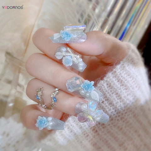 Light Blue Fake Nails Long Ballerina Press on Nails Blue Flower Butterfly Designs Korean Fashion Bride Wedding Charms Nails Art