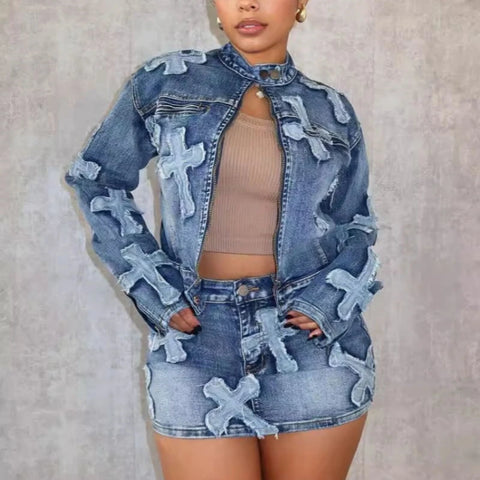 Luxury Brand Design 2024 Autumn Winter New In Denim Jacket Tops And Mini Short Skirt Set For Women Outerwear Jean Coat Clothing