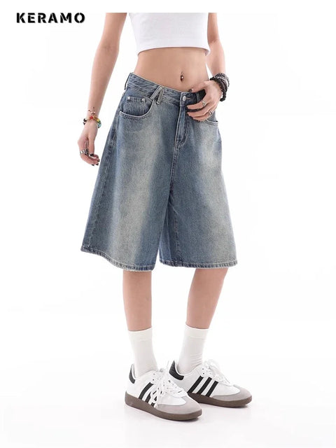 Women's Wide Leg Gradient Blue Retro Denim Shorts Unisex Style Capris Summer Female High Waist Loose Short Jeans