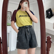 Women's Loose High Waist A-Line Wide Leg Soft Denim Shorts, Black Jeans, Good Quality, Spring, Summer, Plus Size, 2024