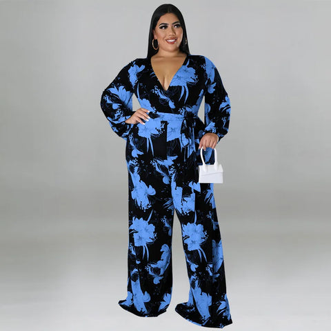 Plus Size Floral Print Jumpsuit Female Casual Loose Elegant Clothing Women One Piece Outfit 2023 Autumn Fashion Wide Leg Pants