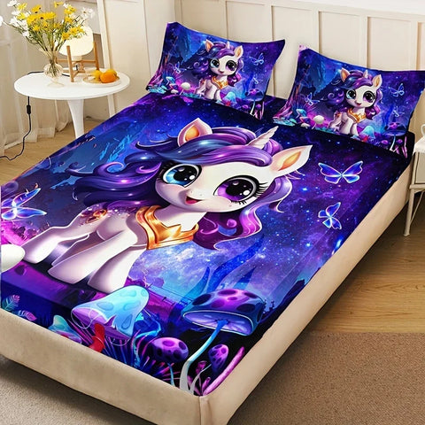 3pcs Cartoon Mushroom Cute Unicorn Fitted Sheet Set - Vibrant HD Printing, Soft and Cozy Bedding for Home Dorm