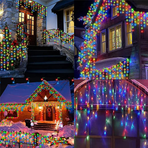 Solar Curtain Icicle Lights Christmas Lights Outdoor Waterproof Eaves Decor String Lights for Yard Party Holiday Decorations