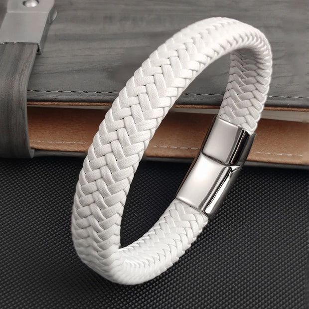 Fashion Simple White Leather Braid Bracelet Stainless Steel Buckle Clasps for Men Handmade Bangle