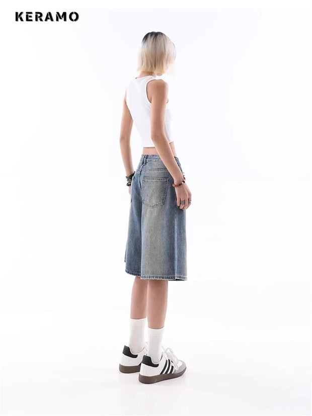 Women's Wide Leg Gradient Blue Retro Denim Shorts Unisex Style Capris Summer Female High Waist Loose Short Jeans