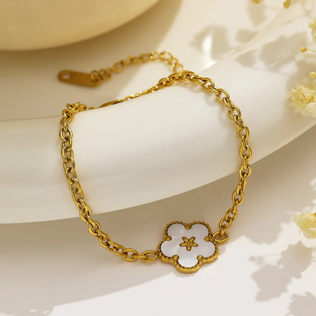  Five Pointed Star White Flower Titanium Steel Bracelet with Shell 18K Gold Plated Waterproof