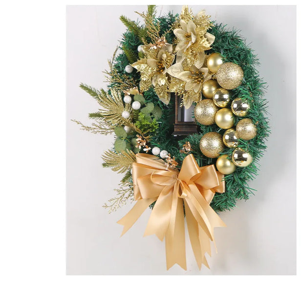 2024 Gold Ball Flower Christmas Wreath Garland with Light for Front Door