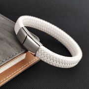 Fashion Simple White Leather Braid Bracelet Stainless Steel Buckle Clasps for Men Handmade Bangle