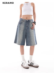 Women's Wide Leg Gradient Blue Retro Denim Shorts Unisex Style Capris Summer Female High Waist Loose Short Jeans