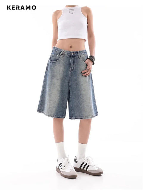 Women's Wide Leg Gradient Blue Retro Denim Shorts Unisex Style Capris Summer Female High Waist Loose Short Jeans