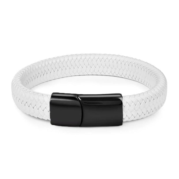 Fashion Simple White Leather Braid Bracelet Stainless Steel Buckle Clasps for Men Handmade Bangle