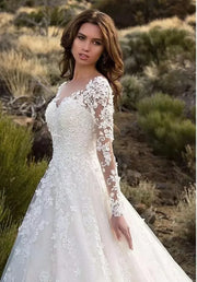 Women Long Sleeve V Neck Lace Floor-Length Bride Clothing White Fashion Party Church