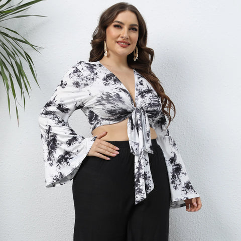 Elegant Sexy Plus Size Lingerie Printing Tie Women's Summer Vest Deep V-neck Flared Sleeves Fashion 2024 Cheap and Free Shipping