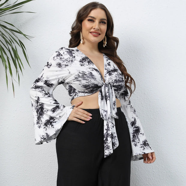 Elegant Sexy Plus Size Lingerie Printing Tie Women's Summer Vest Deep V-neck Flared Sleeves Fashion 2024 Cheap and Free Shipping