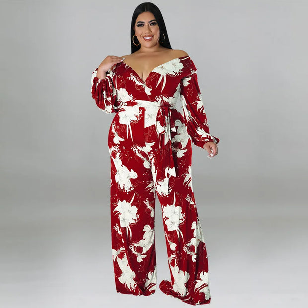 Plus Size Floral Print Jumpsuit Female Casual Loose Elegant Clothing Women One Piece Outfit 2023 Autumn Fashion Wide Leg Pants