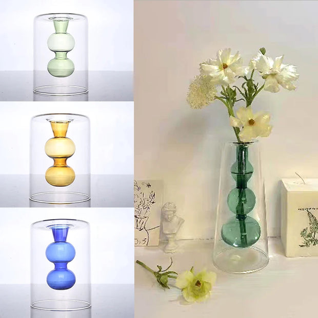 Creative Double Layered Colored Glass Vase Aromatherapy Bottle Hydroponic Flower Pot Home Table Flower Arrangement Decoration