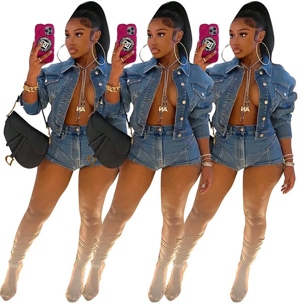 Streetwear 2 Piece Denim Shorts Sets Womens Outfits Jean Cropped Jacket Top and Shorts Punk Gothic Clothes Matching Sets 2022