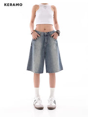 Women's Wide Leg Gradient Blue Retro Denim Shorts Unisex Style Capris Summer Female High Waist Loose Short Jeans