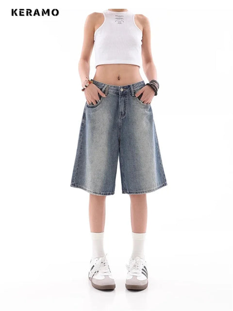 Women's Wide Leg Gradient Blue Retro Denim Shorts Unisex Style Capris Summer Female High Waist Loose Short Jeans