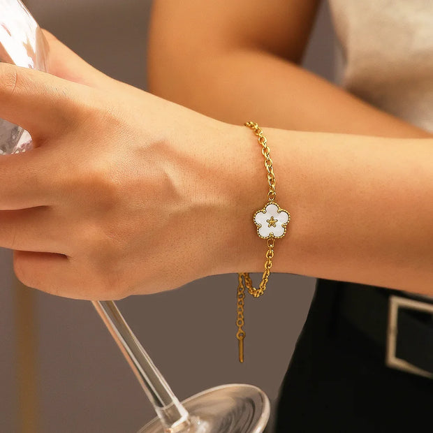  Five Pointed Star White Flower Titanium Steel Bracelet with Shell 18K Gold Plated Waterproof