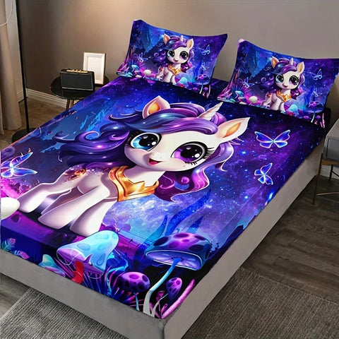 3pcs Cartoon Mushroom Cute Unicorn Fitted Sheet Set - Vibrant HD Printing, Soft and Cozy Bedding for Home Dorm