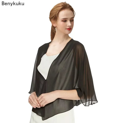 Women Black Chiffon Bolero Thin Shawl Prom Party V-neck Shrug Cardigan