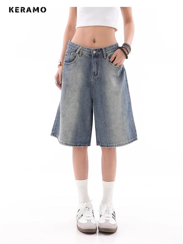 Women's Wide Leg Gradient Blue Retro Denim Shorts Unisex Style Capris Summer Female High Waist Loose Short Jeans