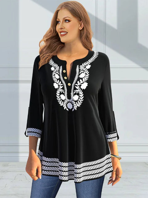 Plus Size Women Boho Floral Embroidery Blouse Shirt Black Spring Shirt Women Button Decor 1XL-5XL Ethnic Shirt Oversize Clothing