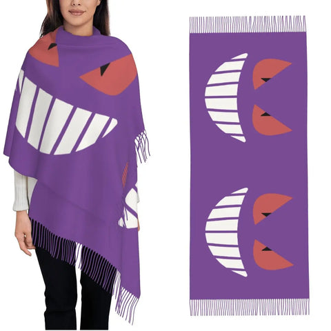 Womens Scarf with Tassel Pokemon Gengar's Face Large Winter Fall Shawl