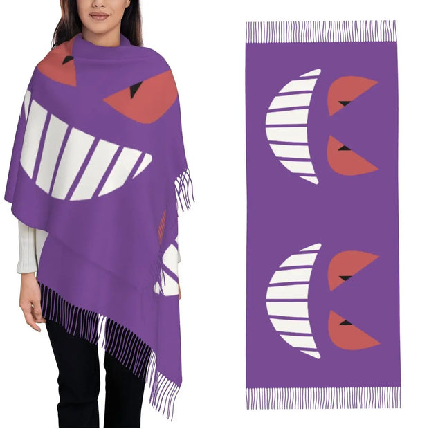 Womens Scarf with Tassel Pokemon Gengar's Face Large Winter Fall Shawl