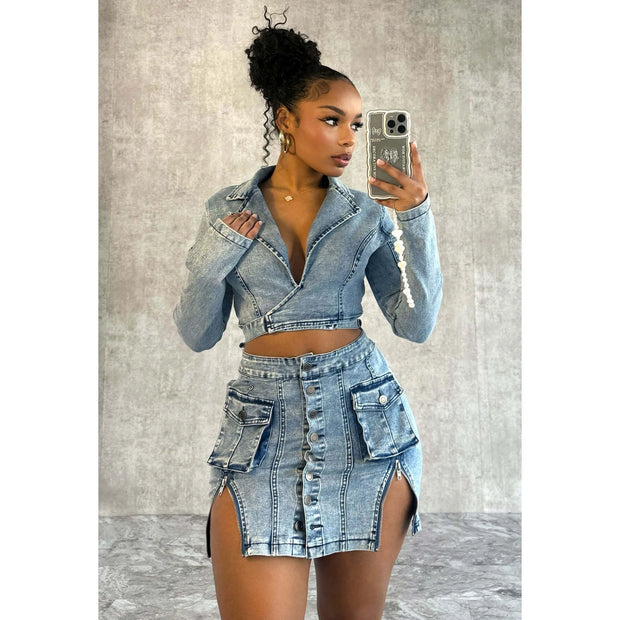 Sexy Denim Jean 2 Piece Skirt Sets Winter Outfits Y2K Streetwear Crop Tops Denim Fashion Jackets Coats Two Piece Skirt Set