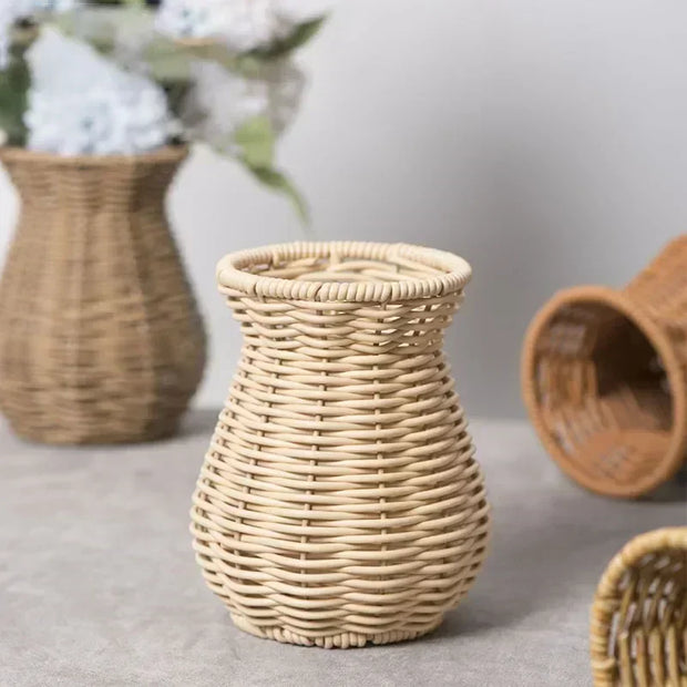 Indoor Desktop Cabinet Decoration Vase Handmade Hand Woven Plastic Vine Vase Flower Rustic Style Rattan Storage Basket Party