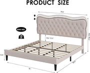 King Size Bed Frame, Linen Fabric Upholstered Platform with Adjustable Headboard, Diamond Tufted Mattress Foundation