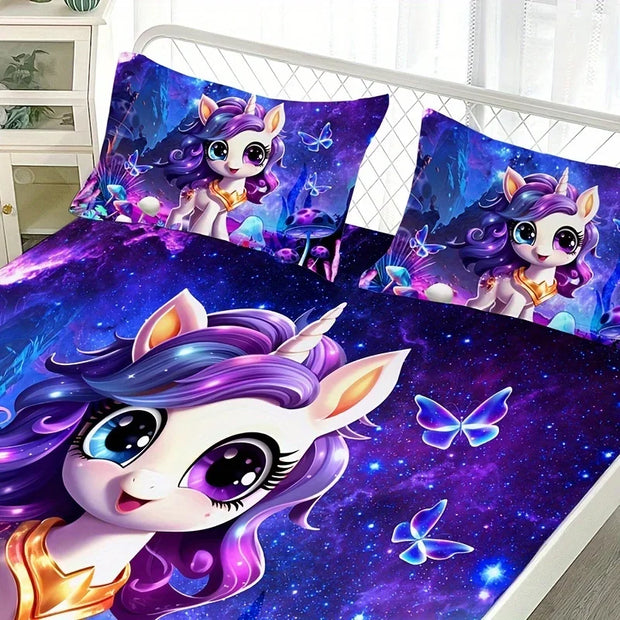 3pcs Cartoon Mushroom Cute Unicorn Fitted Sheet Set - Vibrant HD Printing, Soft and Cozy Bedding for Home Dorm