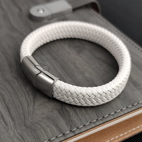 Fashion Simple White Leather Braid Bracelet Stainless Steel Buckle Clasps for Men Handmade Bangle