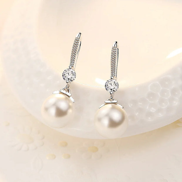 Fine 925 Sterling Silver Luxury Crystal Zircon Pearl Earrings Charms for Woman Engagement Wedding Jewelry gift