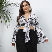 Elegant Sexy Plus Size Lingerie Printing Tie Women's Summer Vest Deep V-neck Flared Sleeves Fashion 2024 Cheap and Free Shipping