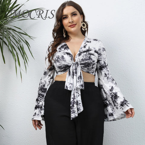 Elegant Sexy Plus Size Lingerie Printing Tie Women's Summer Vest Deep V-neck Flared Sleeves Fashion 2024 Cheap and Free Shipping