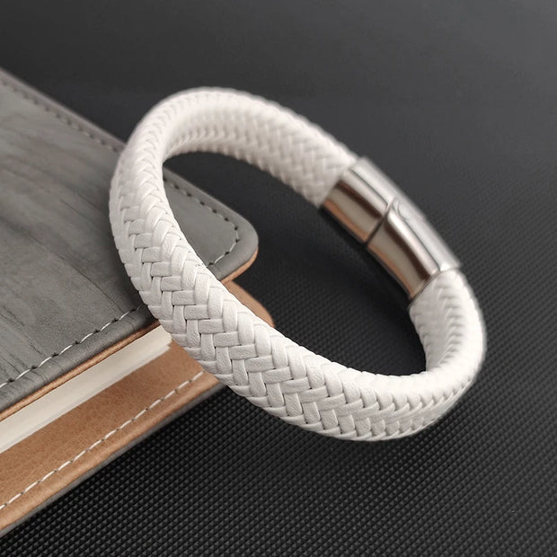 Fashion Simple White Leather Braid Bracelet Stainless Steel Buckle Clasps for Men Handmade Bangle